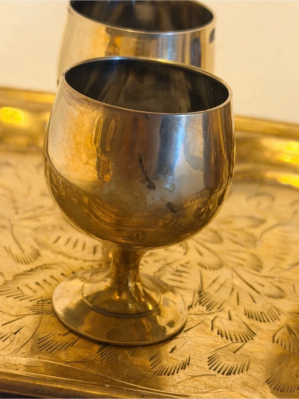 Vintage Brass Mini Goblet Set of 4 with Engraved Serving Tray Barware Decor